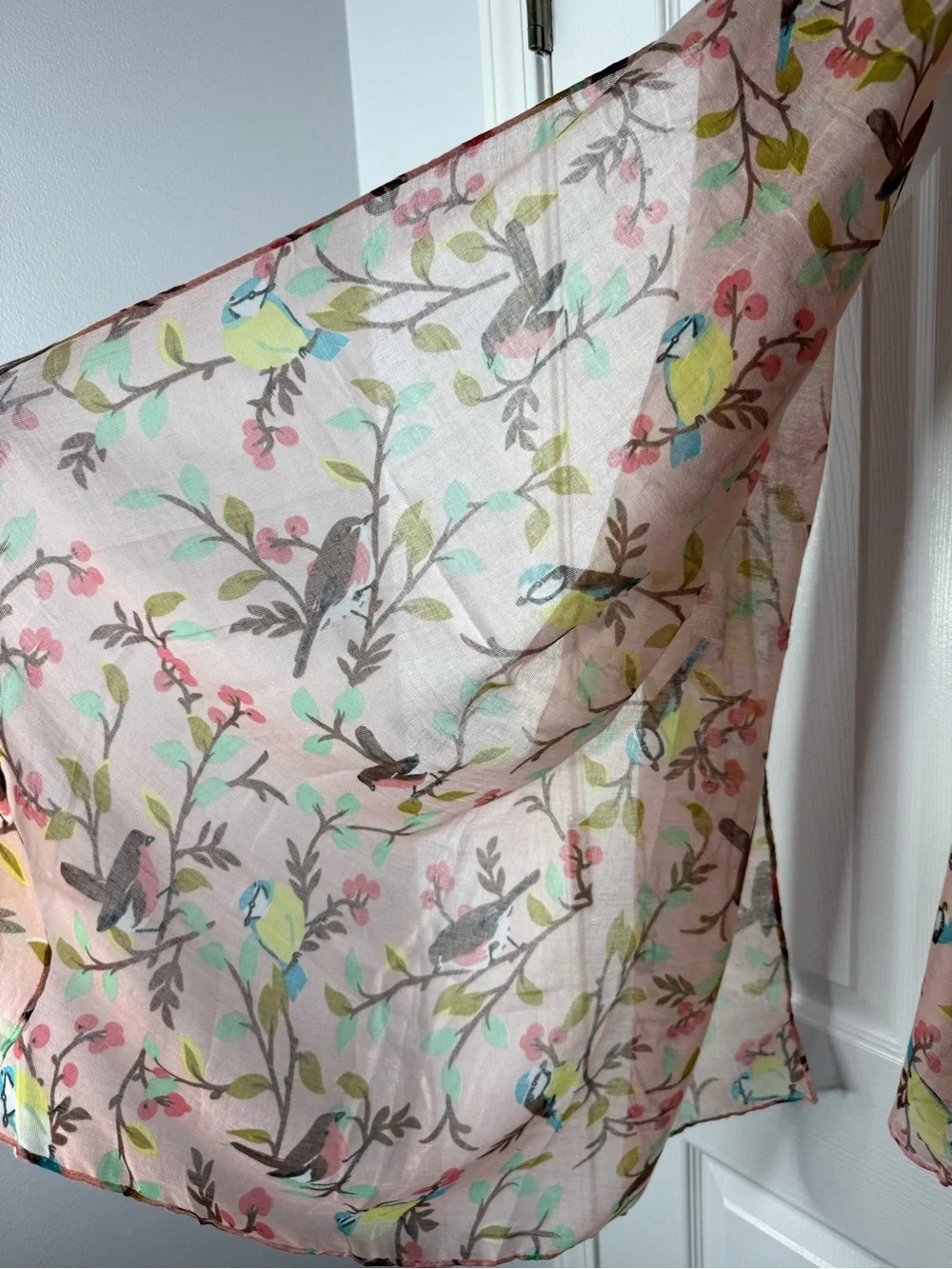 GERINLY Lightweight Pink Floral Bird Print Sheer Scarf Winter Shawl Wrap 32x72